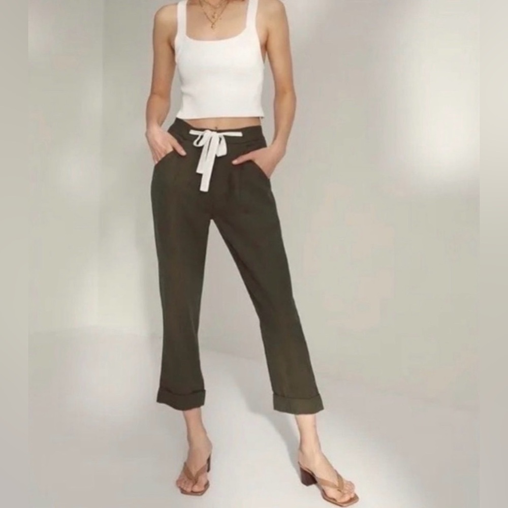 Aritzia Wilfred Allant Linen High Rise Tie Waist Olive Green Joggers Pants Sz 8